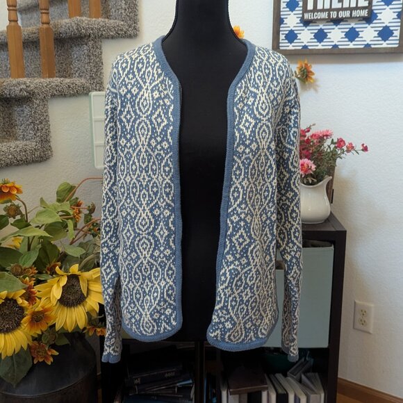 Nomadic Traders Blue & White Jacquard Knit Cardigan Sweater | Size Small - Picture 1 of 9